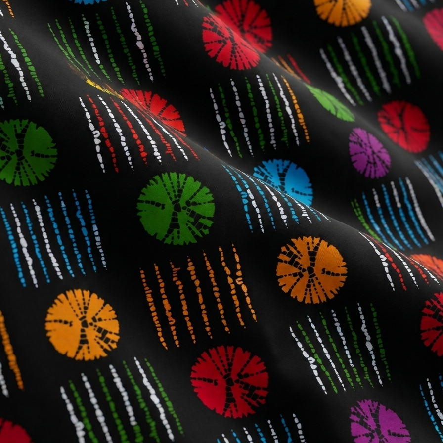 Colorful fabric pattern with circular and linear designs on a black background