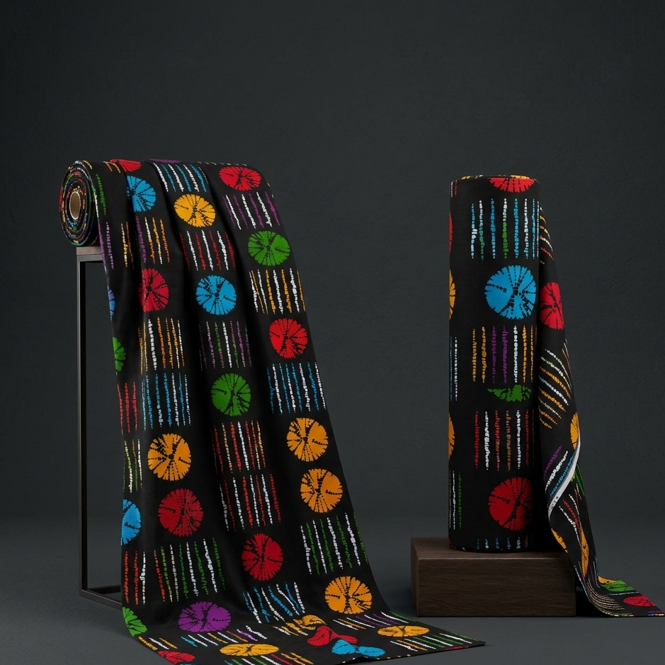 Colorful fabric with geometric pattern on a dark background