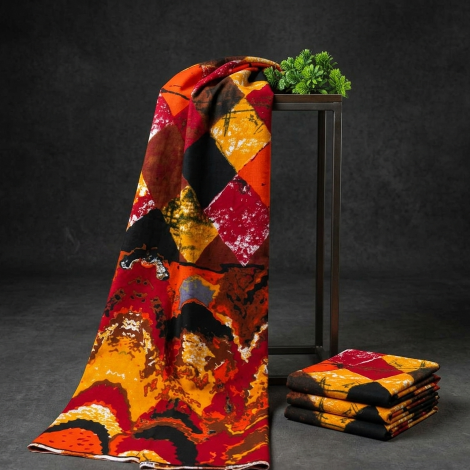 Colorful Ankara fabric with geometric pattern.