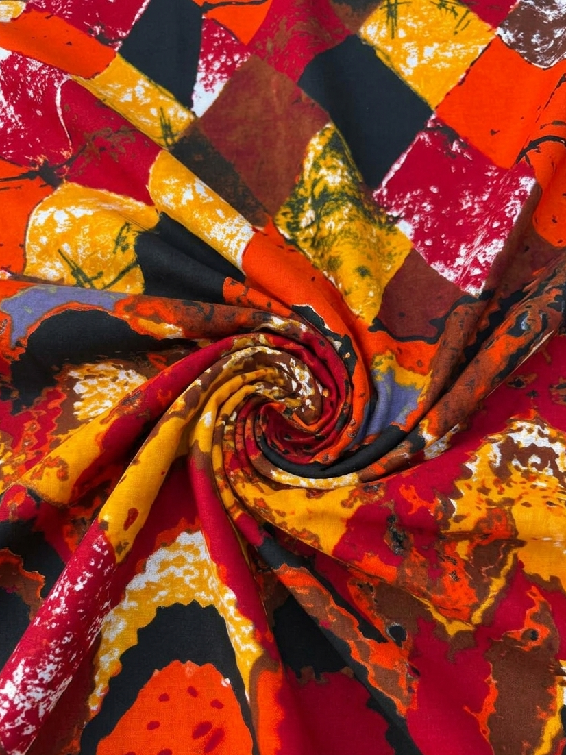 Colorful Ankara fabric with geometric pattern.