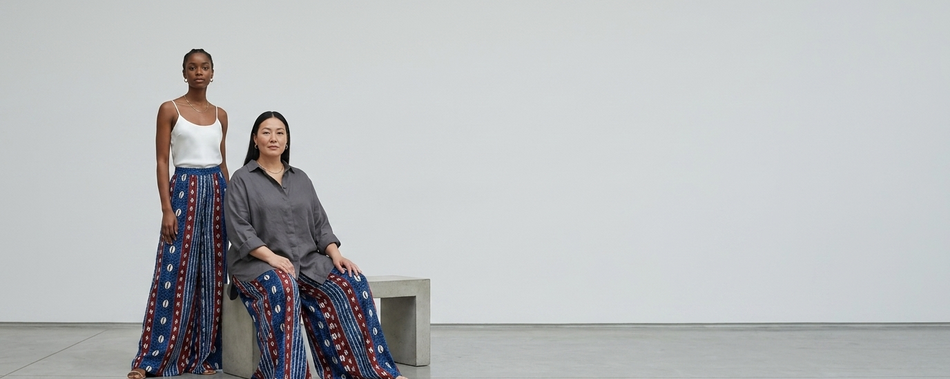 Two women wearing colorful pants sitting on a bench against a plain background